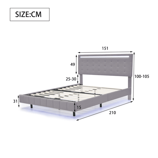 Cama para adultos 140x200 cm - cama flutuante com LED e 2 portas USB + estrado - tecido de linho - Cinzento