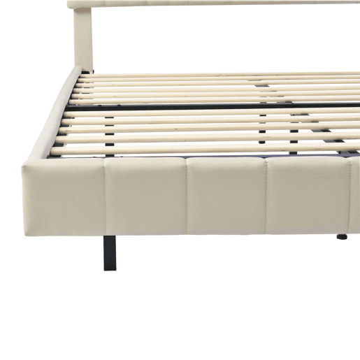 Cama para adultos 140x200 cm - cama flutuante com LED e 2 portas USB + estrado - tecido de linho - Cinzento
