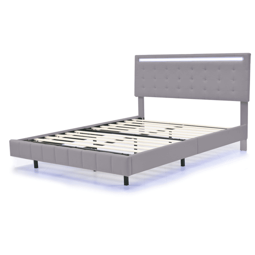 Cama para adultos 140x200 cm - cama flutuante com LED e 2 portas USB + estrado - tecido de linho - Cinzento