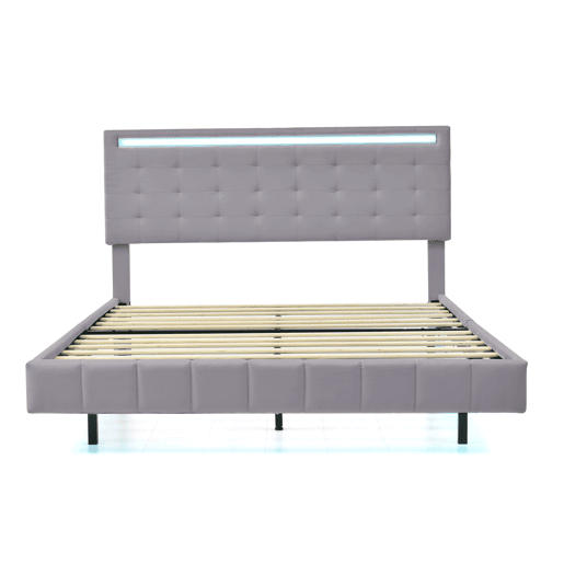 Cama para adultos 140x200 cm - cama flutuante com LED e 2 portas USB + estrado - tecido de linho - Cinzento