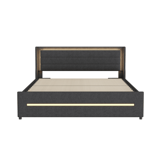 Cama de casal estofada 160x200cm em linho - com 4 gavetas e iluminação LED - com estrado - Cinzento