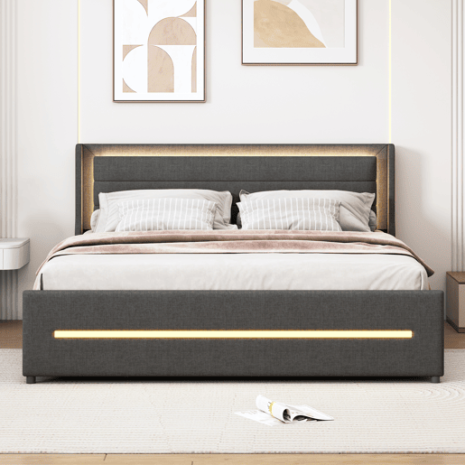 Cama de casal estofada 160x200cm em linho - com 4 gavetas e iluminação LED - com estrado - Cinzento