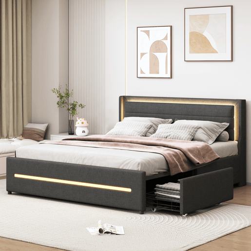 Cama de casal estofada 160x200cm em linho - com 4 gavetas e iluminação LED - com estrado - Cinzento