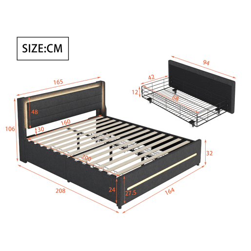 Cama de casal estofada 160x200cm em linho - com 4 gavetas e iluminação LED - com estrado - Cinzento