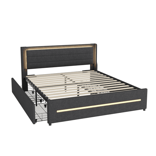Cama de casal estofada 160x200cm em linho - com 4 gavetas e iluminação LED - com estrado - Cinzento