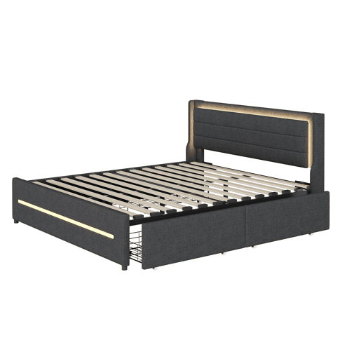 Cama de casal estofada 160x200cm em linho - com 4 gavetas e iluminação LED - com estrado - Cinzento