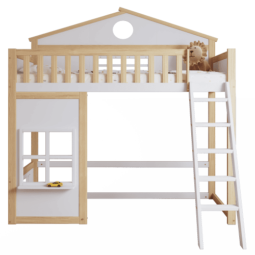 Cama alta para crianças,cama de solteiro de madeira de pinho 90x200cm,branco+natural Cama alta para crianças,cama de solteiro de madeira de pinho 90x200cm,branco+natural