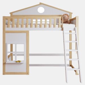 Cama alta para crianças,cama de solteiro de madeira de pinho 90x200cm,branco+natural
