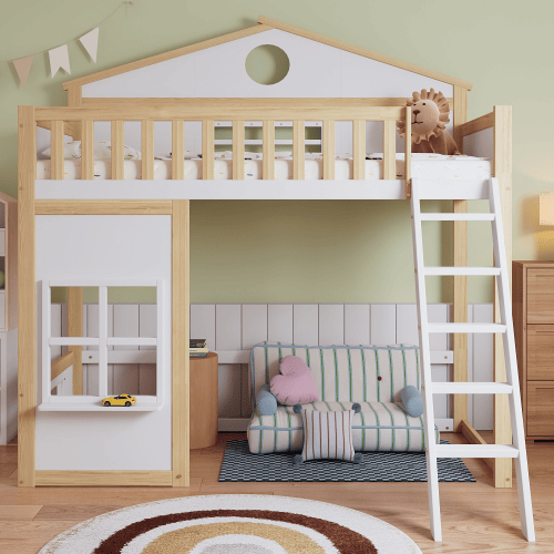 Cama alta para crianças,cama de solteiro de madeira de pinho 90x200cm,branco+natural Cama alta para crianças,cama de solteiro de madeira de pinho 90x200cm,branco+natural