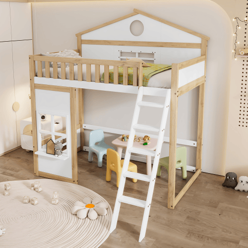 Cama alta para crianças,cama de solteiro de madeira de pinho 90x200cm,branco+natural Cama alta para crianças,cama de solteiro de madeira de pinho 90x200cm,branco+natural