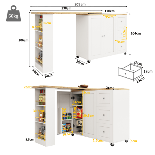 Aparador?Móvel bar com mesa giratória - MDF - 3 gavetas e 2 portas - Branco