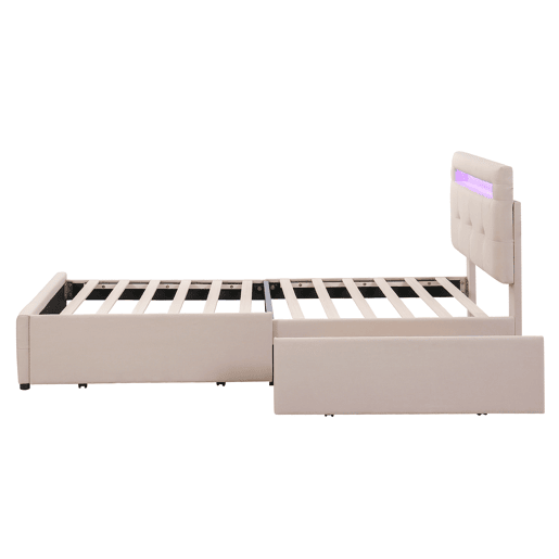 Cama de solteiro 90x200cm em tecido de linho com LED e 2 gavetas - Bege