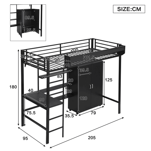 Cama alta para crianças,cama de solteiro de metal 90x200cm,preto