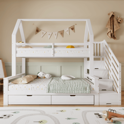 Beliche,cama-casa de madeira de pinho 90x200cm com 2 gavetas,branco Beliche,cama-casa de madeira de pinho 90x200cm com 2 gavetas,branco