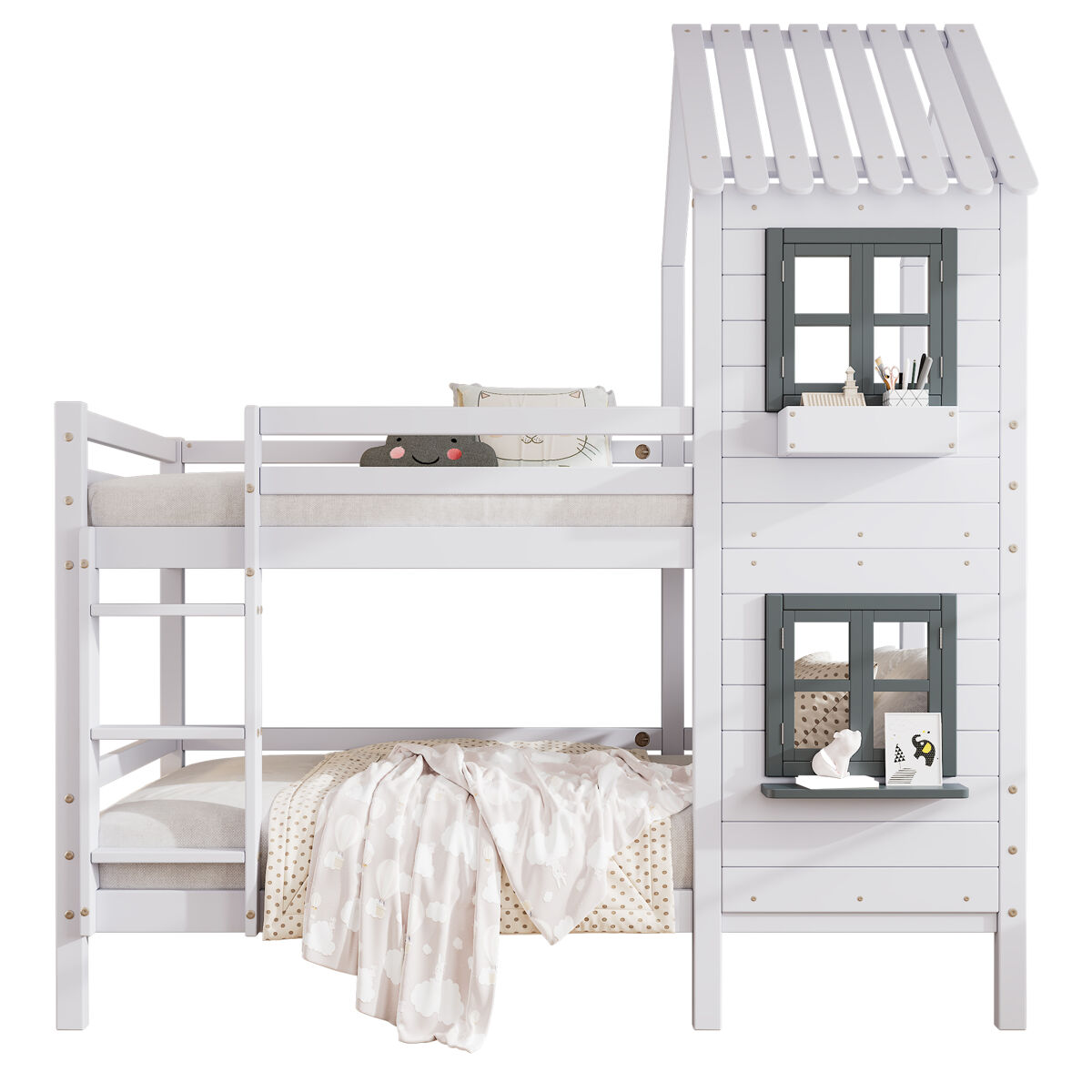 Litera cabaña infantil de madera de pino 90x200cm,blanco