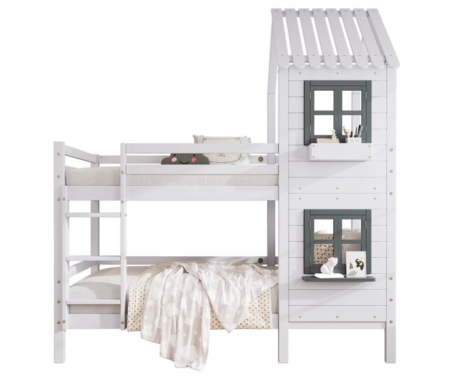 Litera cabaña infantil de madera de pino 90x200cm,blanco