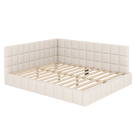 Cama de adulto 160x200cm em veludo com estrado de ripas e estrado de ripas - Bege