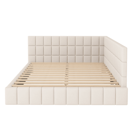 Cama de adulto 160x200cm em veludo com estrado de ripas e estrado de ripas - Bege
