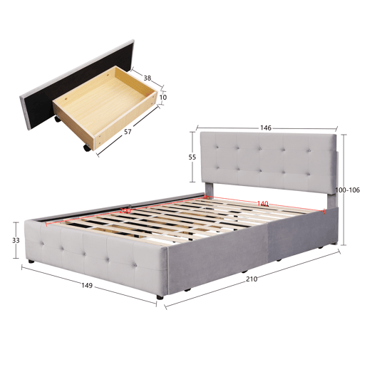 Cama de casal estofada em veludo - 140x200cm - com 4 gavetas e estrado de molas - Cinzento