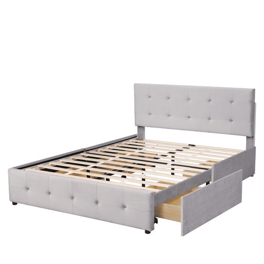 Cama de casal estofada em veludo - 140x200cm - com 4 gavetas e estrado de molas - Cinzento