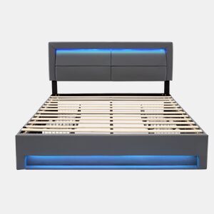 Cama de casal 140x190 cm em imitação de pele com LED - 4 gavetas - com portas de carregamento (com e sem fios) - Cinzento