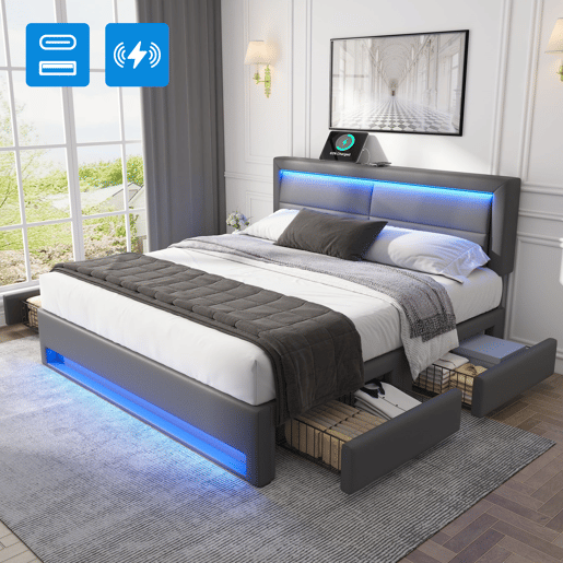 Cama de casal 140x190 cm em imitação de pele com LED - 4 gavetas - com portas de carregamento (com e sem fios) - Cinzento