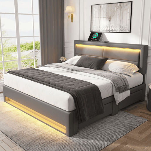Cama de casal 140x190 cm em imitação de pele com LED - 4 gavetas - com portas de carregamento (com e sem fios) - Cinzento