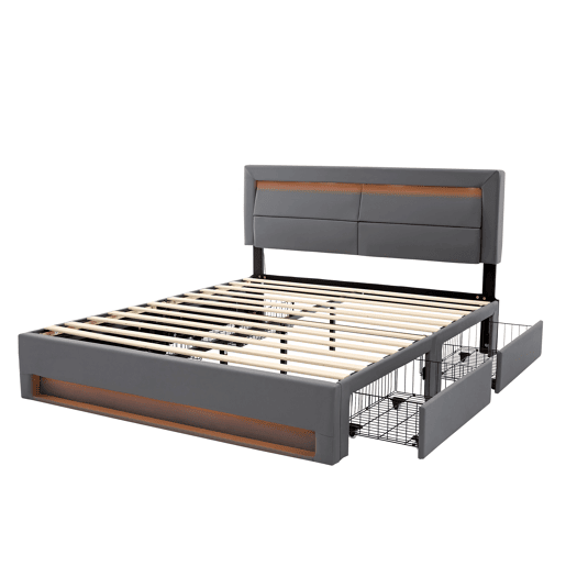 Cama de casal 140x190 cm em imitação de pele com LED - 4 gavetas - com portas de carregamento (com e sem fios) - Cinzento