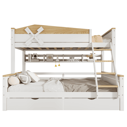 Beliche de madeira de pinho 90x200(140x200)cm com 2 gavetas,branco+natural