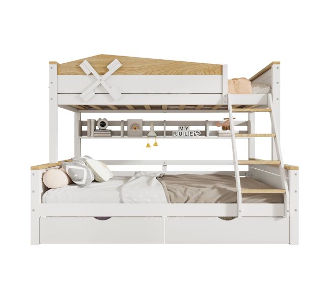Litera infantil de madera de pino 90/140x200cm con 2 cajones,molinillo de vient,estante,escalera y protección contra caídas,blanco+natural