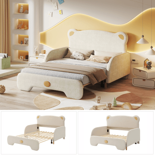 Cama gavetão,cama de criança de veludo 140x200(140x105)cm,bege