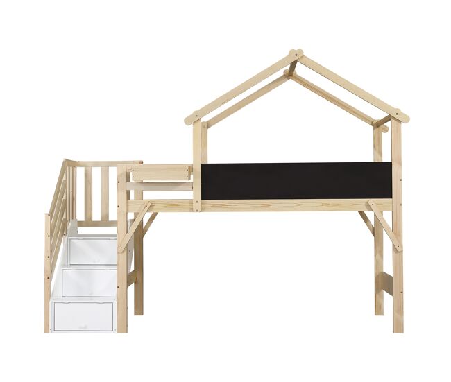 Cama alta cabaña infantil,cama individual de madera de pino 90x200cm con pizarra,escalera con almacenaje y protección contra caídas,blanco+natural