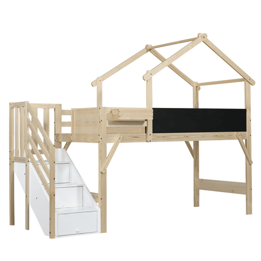 Cama alta para crianças,cama-casa,cama de solteiro de madeira de pinho 90x200cm,branco+natural