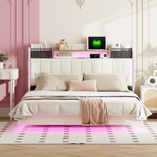 Cama em tecido de linho 140x200 cm - com tomada USB e estrado - Bege