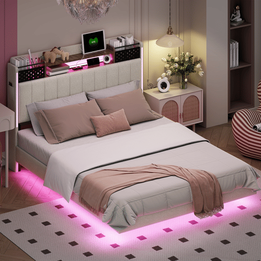 Cama em tecido de linho 140x200 cm - com tomada USB e estrado - Bege