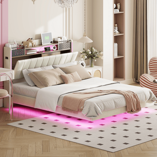 Cama em tecido de linho 140x200 cm - com tomada USB e estrado - Bege