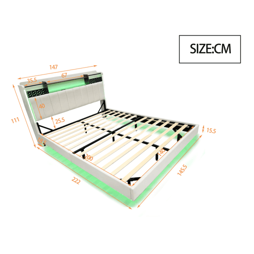 Cama em tecido de linho 140x200 cm - com tomada USB e estrado - Bege