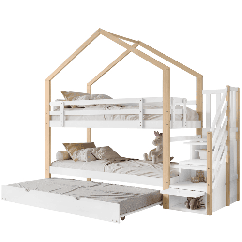 Beliche,cama-casa,cama gavetão de madeira maciça 90x200(90x190)cm,branco+natural