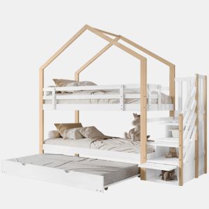 Beliche,cama-casa,cama gavetão de madeira maciça 90x200(90x190)cm,branco+natural