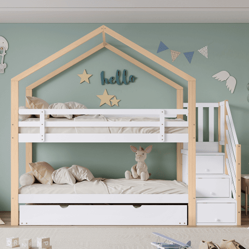 Beliche,cama-casa,cama gavetão de madeira maciça 90x200(90x190)cm,branco+natural