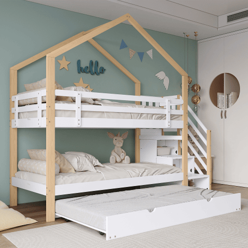 Beliche,cama-casa,cama gavetão de madeira maciça 90x200(90x190)cm,branco+natural