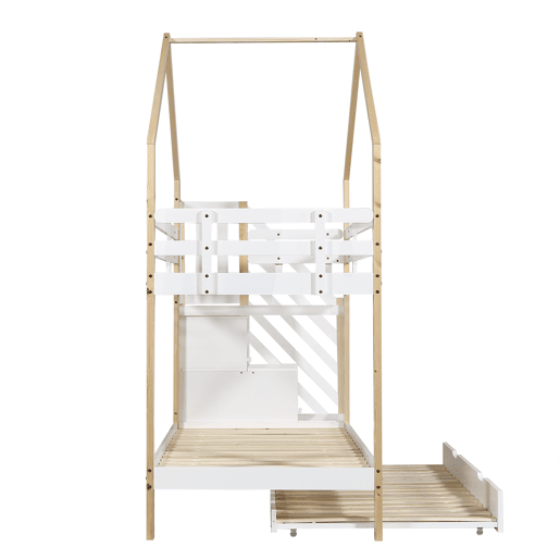 Beliche,cama-casa,cama gavetão de madeira maciça 90x200(90x190)cm,branco+natural