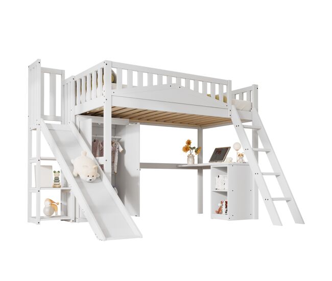 Cama alta infantil,cama individual de madera de pino 90x200cm con tobogán,mesa,armario,escalera y protección contra caídas,blanco