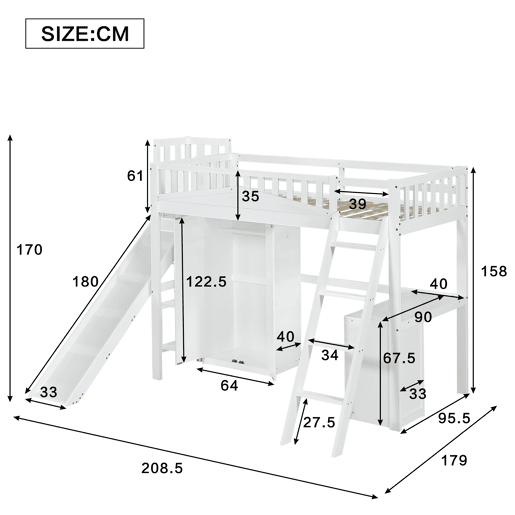 Cama alta para crianças,cama de solteiro de madeira de pinho 90x200cm,branco
