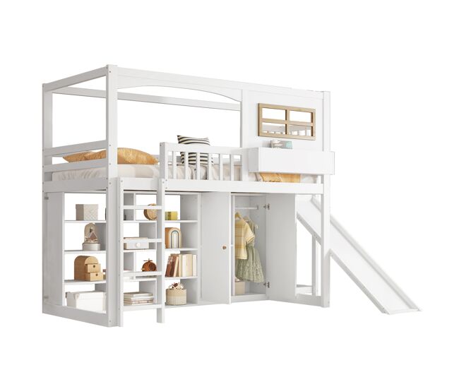 Cama alta infantil,cama individual de madera de pino 90x200cm con tobogán,armario,estante,escalera y protección contra caídas,blanco