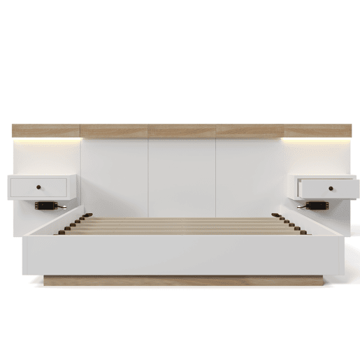 Cama para adultos 140x200 cm com mesas de cabeceira suspensas + portas LED e USB + estrado - madeira - branco
