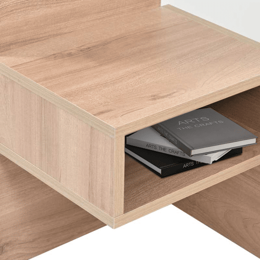 Cama de casal 160x200 cm em madeira - com 2 mesas de cabeceira e 2 gavetas - 2 luzes de leitura giratórias com tomada USB - Branco e Natural (colchão não incluído)