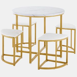 Mesa de jantar e 4 cadeiras - tampo em MDF, estrutura em ferro dourado e almofadas em veludo branco - Branco e dourado