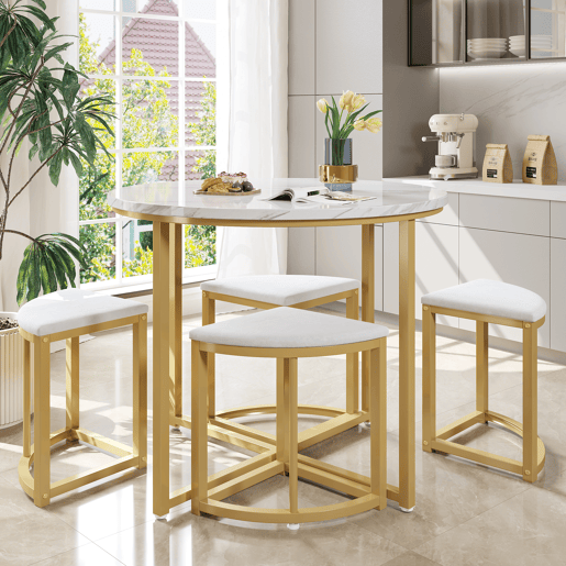 Mesa de jantar e 4 cadeiras - tampo em MDF, estrutura em ferro dourado e almofadas em veludo branco - Branco e dourado