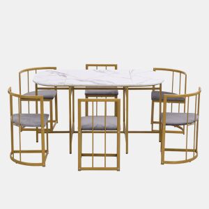 Conjunto de mesa e 6 cadeiras - cadeiras com almofada de assento e encosto - dourado
